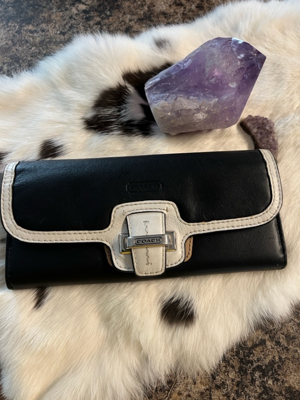 Vintage Coach Black Leather Taylor Wallet with Cream Trim and Silver Hardware